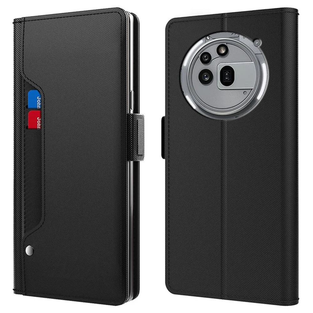 For Nothing Phone (3a) Pro Case Stand PU Leather Phone Cover Card Holder Mirror - Black - 1