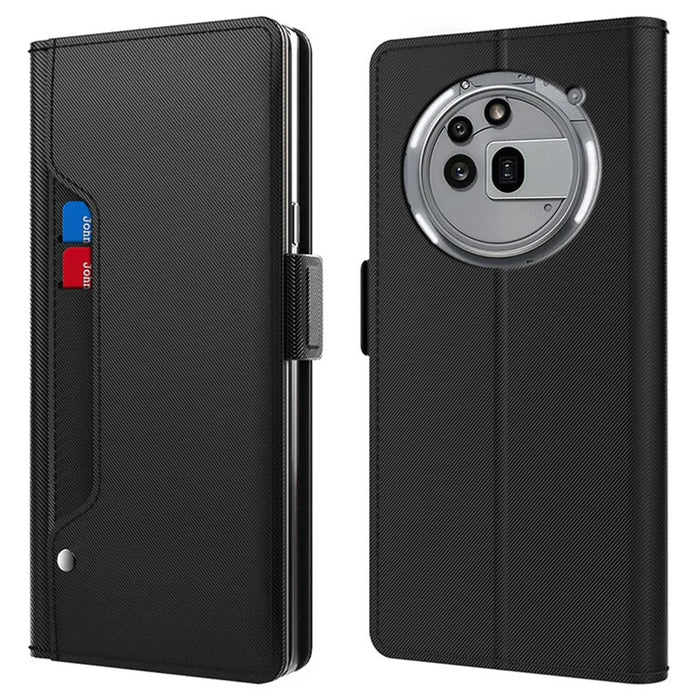 For Nothing Phone (3a) Pro Case Stand PU Leather Phone Cover Card Holder Mirror - Black - 1