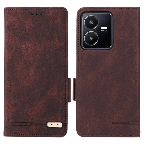 For vivo Y22s 4G / Y35 4G (2022) PU Leather Wallet Cover Stand Feature Hardware Decor Magnetic Closure Flip Phone Case - Coffee - 1