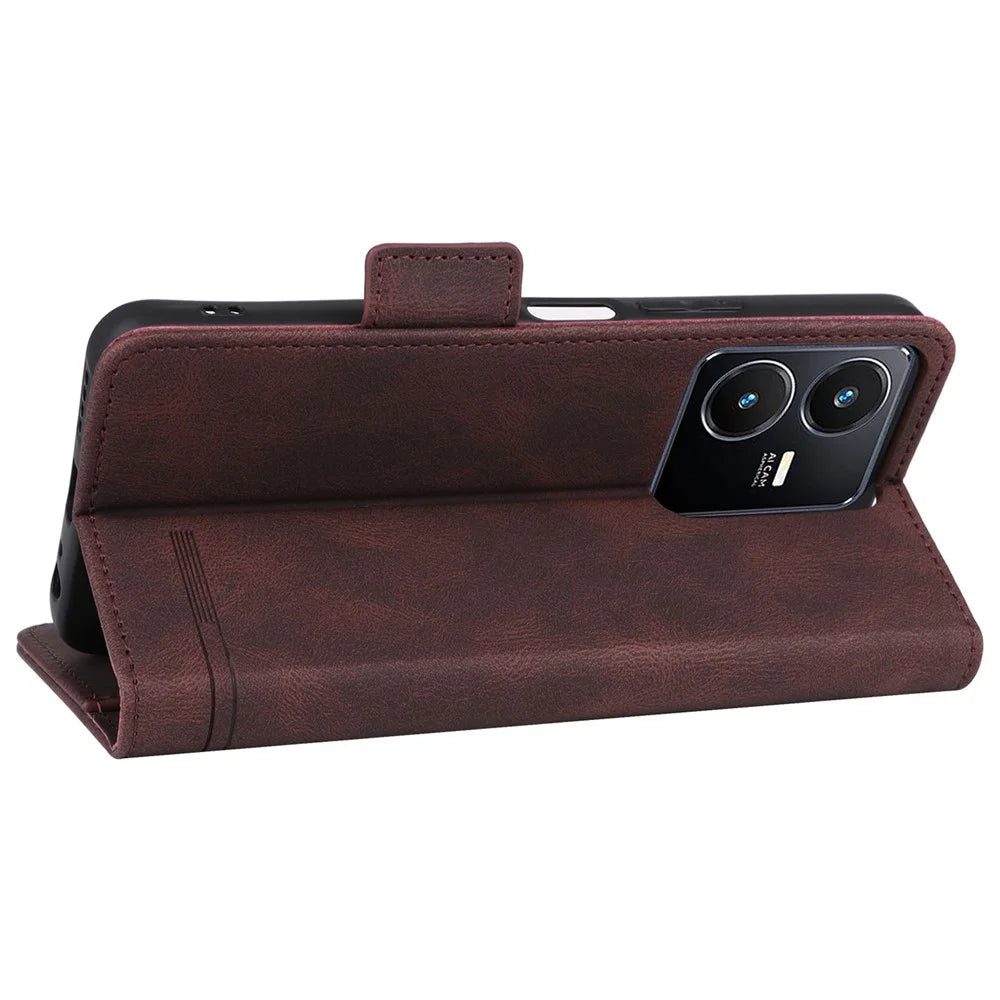 For vivo Y22s 4G / Y35 4G (2022) PU Leather Wallet Cover Stand Feature Hardware Decor Magnetic Closure Flip Phone Case - Coffee - 4