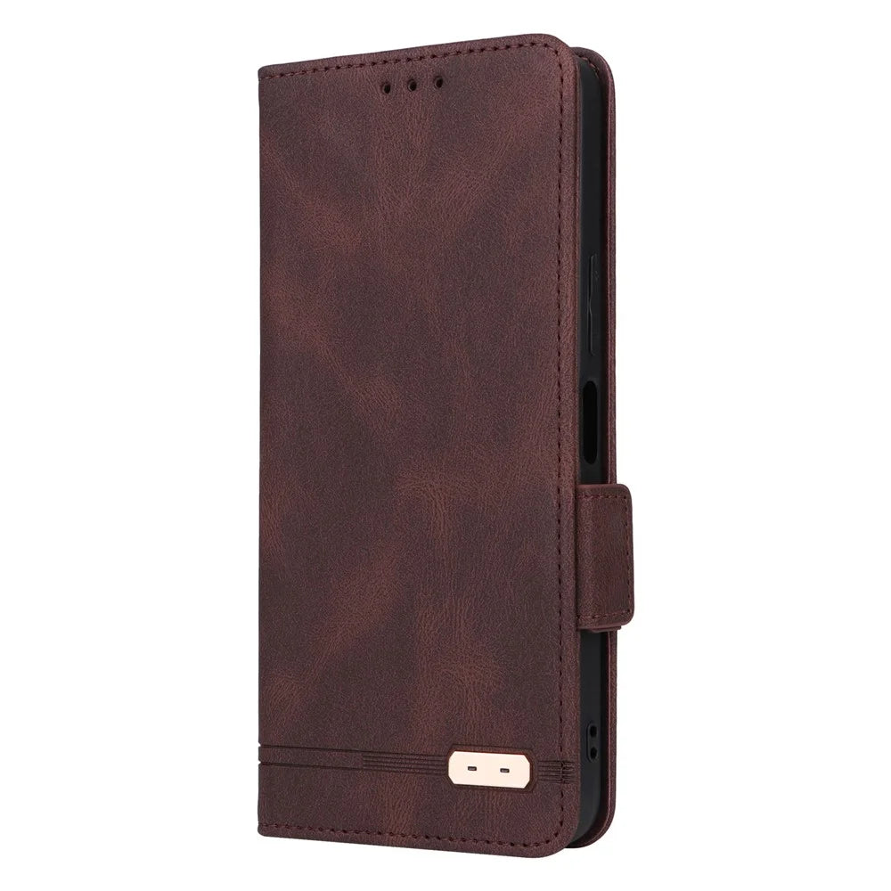 For vivo Y22s 4G / Y35 4G (2022) PU Leather Wallet Cover Stand Feature Hardware Decor Magnetic Closure Flip Phone Case - Coffee - 5