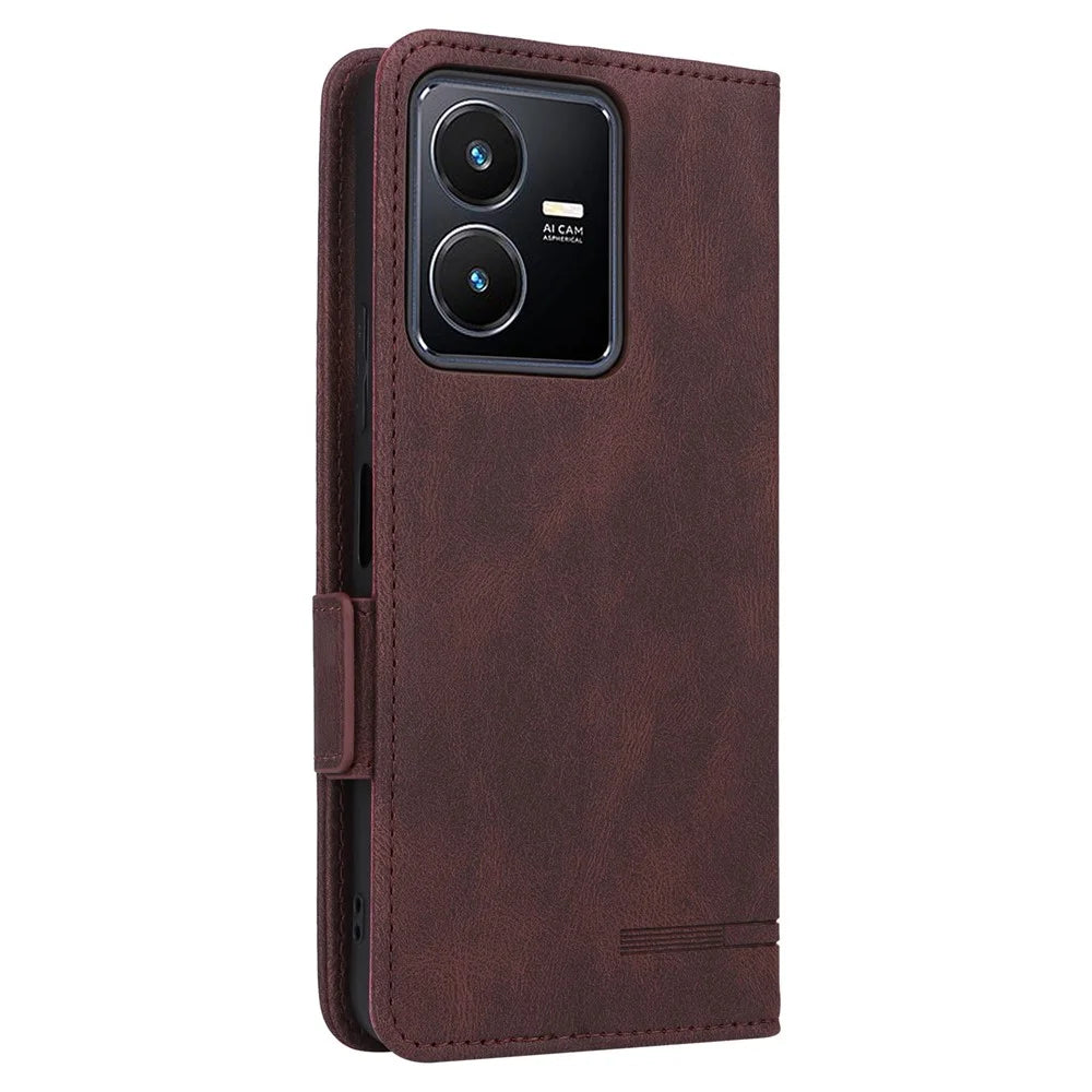 For vivo Y22s 4G / Y35 4G (2022) PU Leather Wallet Cover Stand Feature Hardware Decor Magnetic Closure Flip Phone Case - Coffee - 6