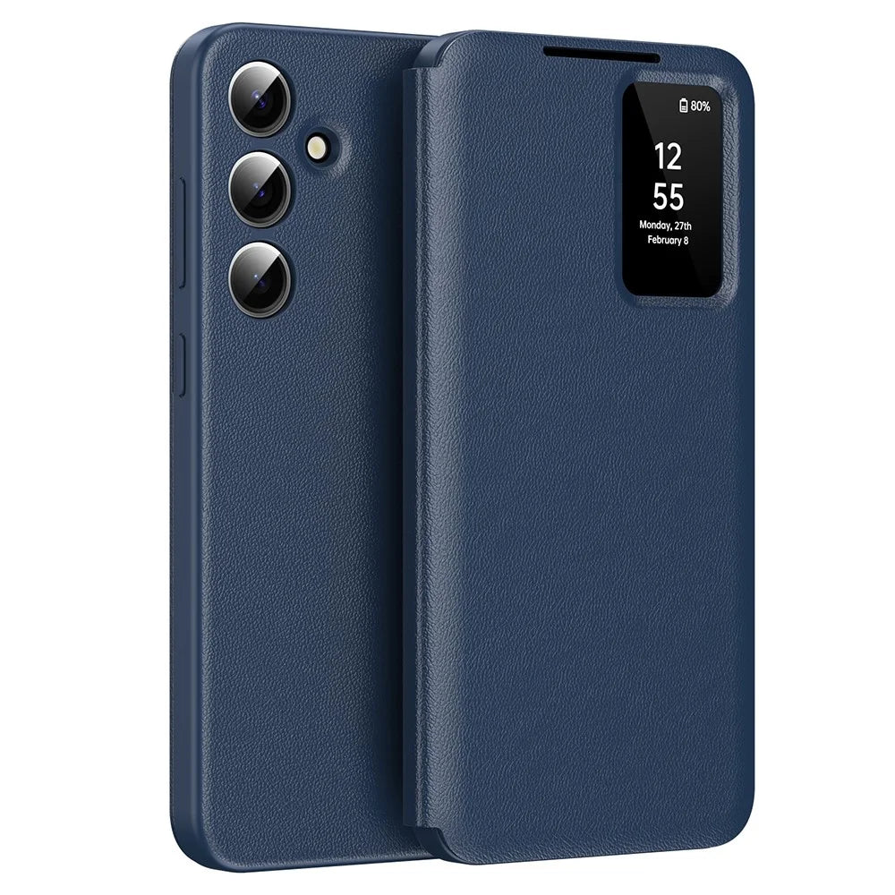 For Samsung Galaxy S23 FE Case with Card Holder Smart View Window Leather Phone Cover - Sapphire - 1