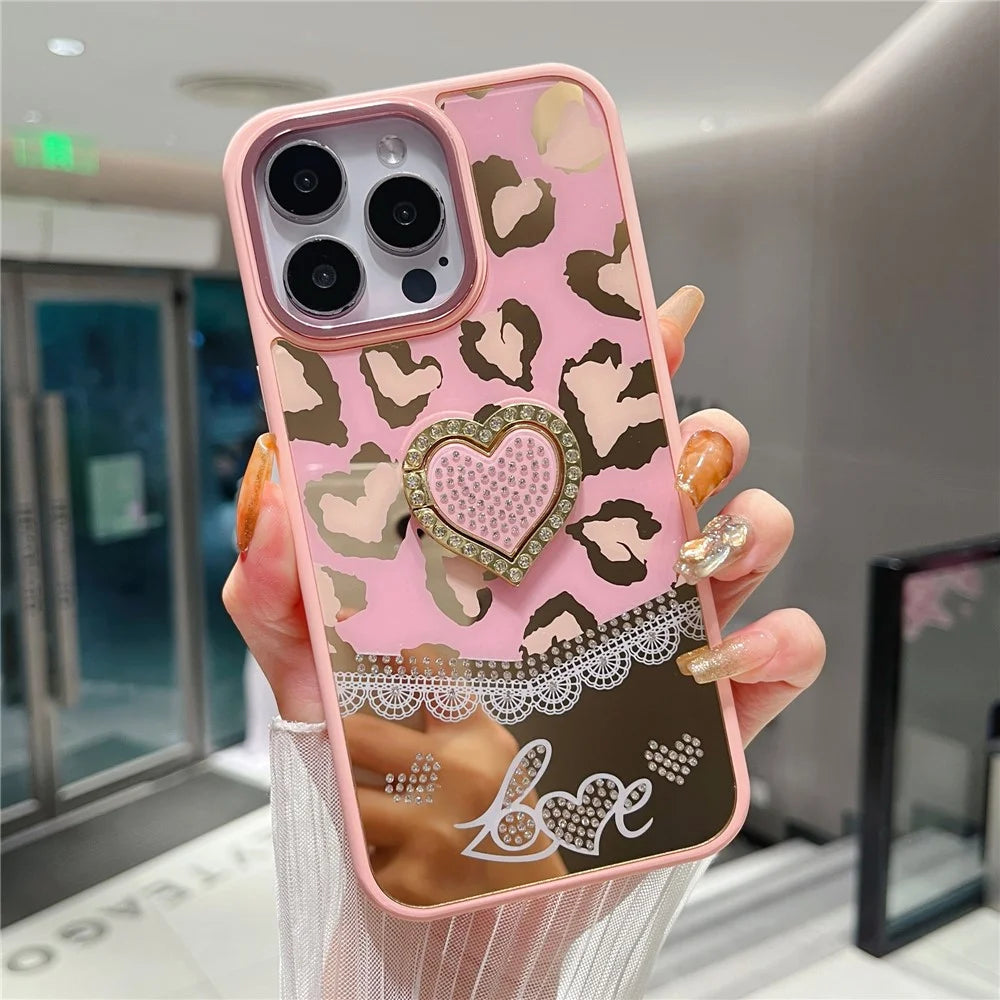 For iPhone 16 Pro Max Case with Kickstand Heart Pattern Electroplating TPU + PC Phone Cover - Pink - 1