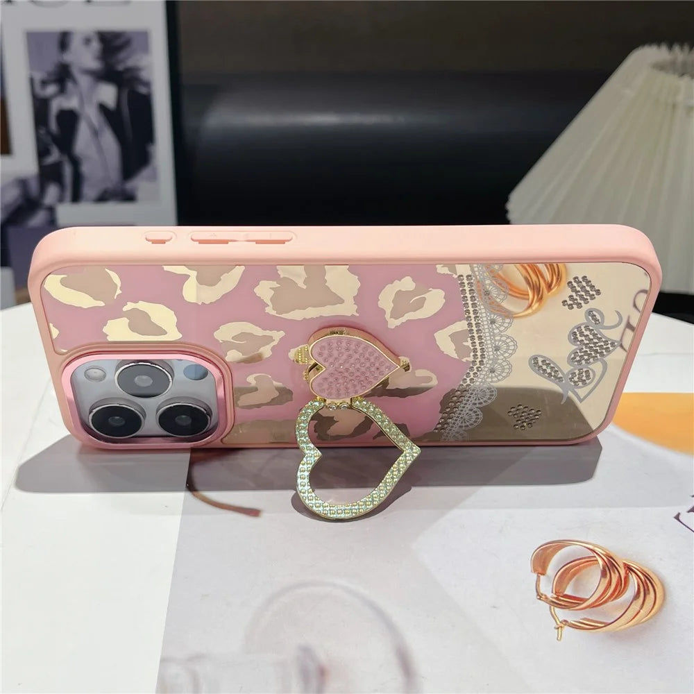 For iPhone 16 Pro Max Case with Kickstand Heart Pattern Electroplating TPU + PC Phone Cover - Pink - 2