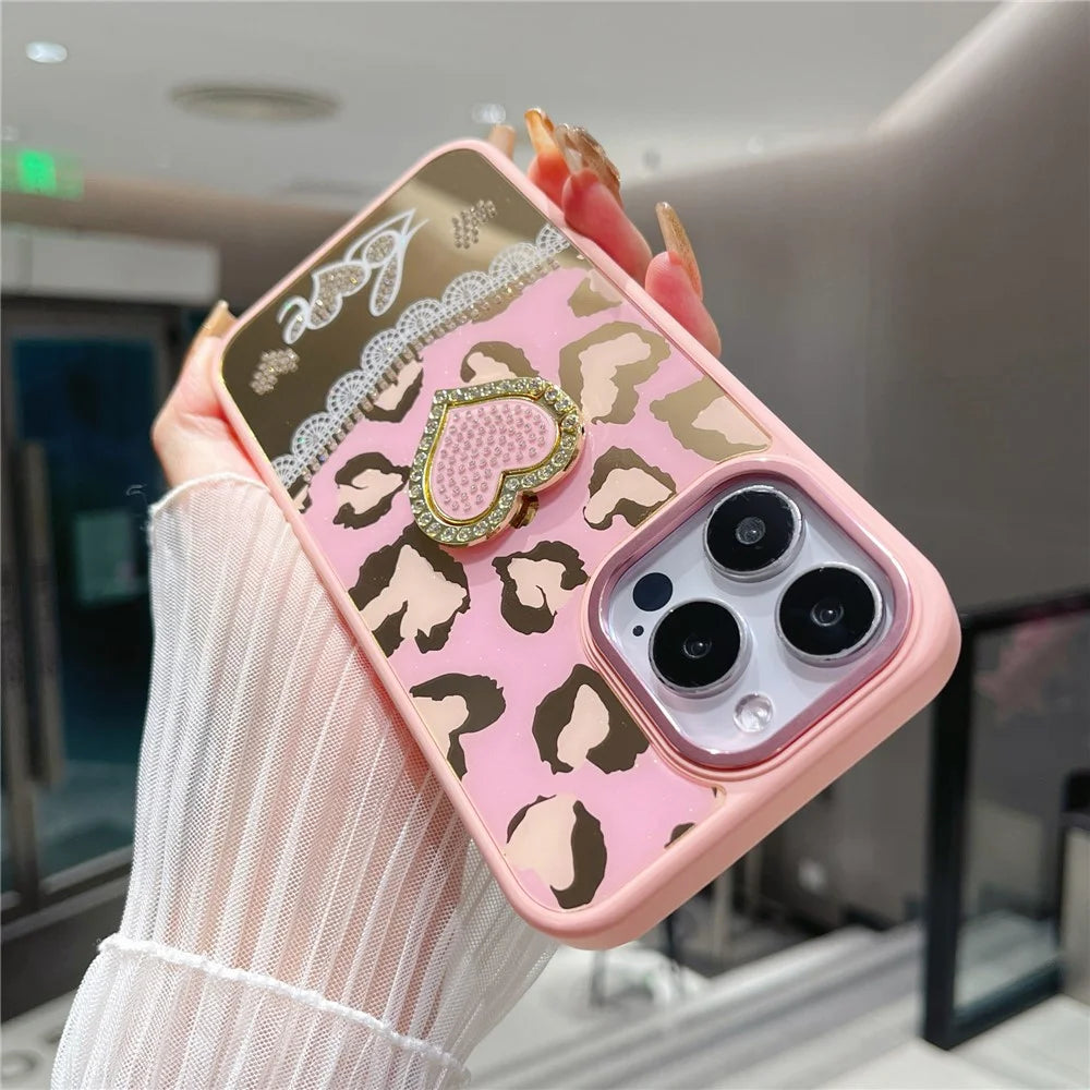 For iPhone 16 Pro Max Case with Kickstand Heart Pattern Electroplating TPU + PC Phone Cover - Pink - 3