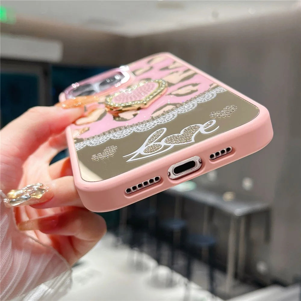 For iPhone 16 Pro Max Case with Kickstand Heart Pattern Electroplating TPU + PC Phone Cover - Pink - 4