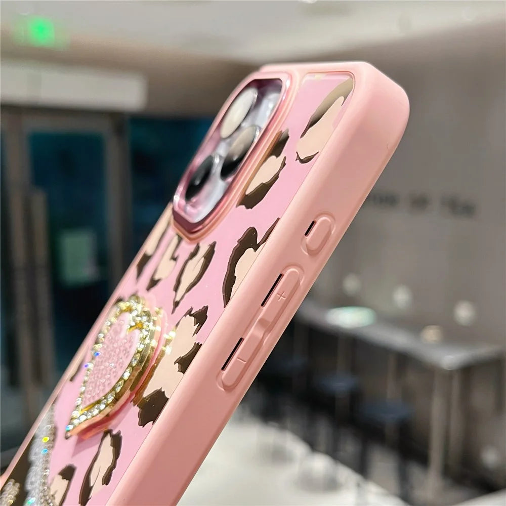 For iPhone 16 Pro Max Case with Kickstand Heart Pattern Electroplating TPU + PC Phone Cover - Pink - 5