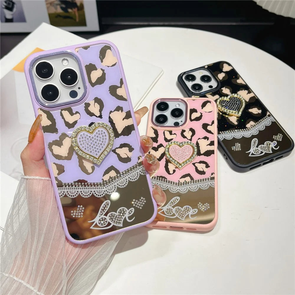 For iPhone 16 Pro Max Case with Kickstand Heart Pattern Electroplating TPU + PC Phone Cover - Pink - 6