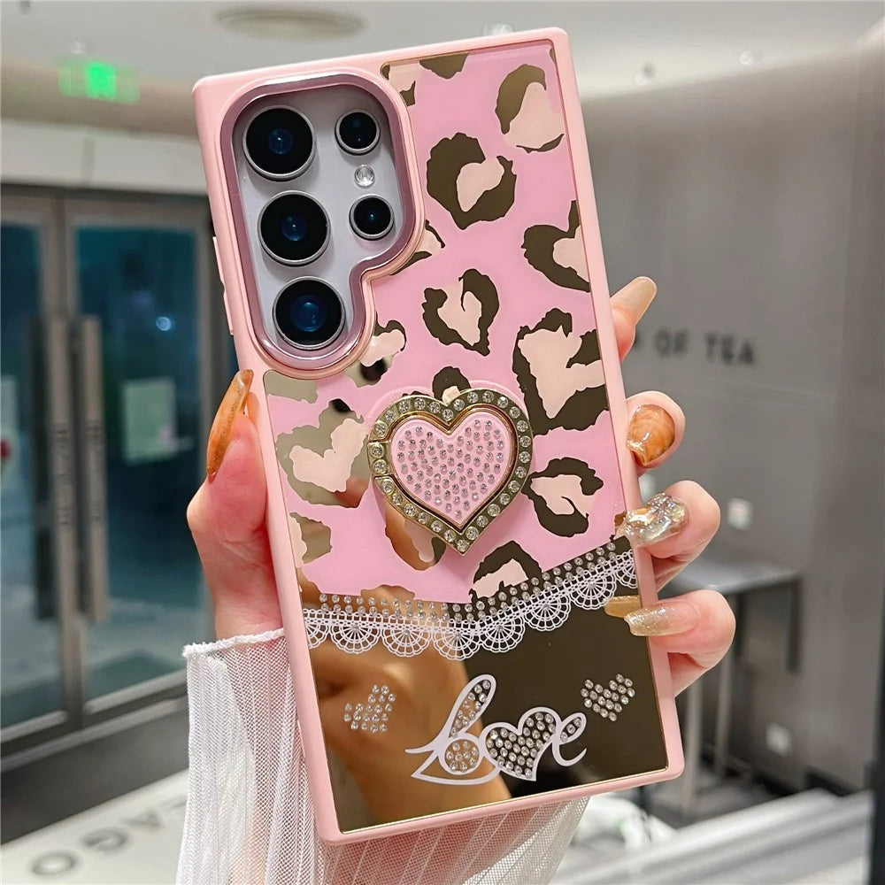 For Samsung Galaxy S25 Ultra Case with Kickstand Heart Pattern Electroplating TPU + PC Phone Cover - Pink - 1