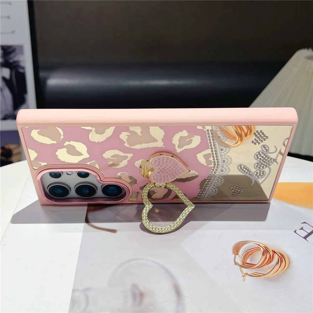For Samsung Galaxy S25 Ultra Case with Kickstand Heart Pattern Electroplating TPU + PC Phone Cover - Pink - 2