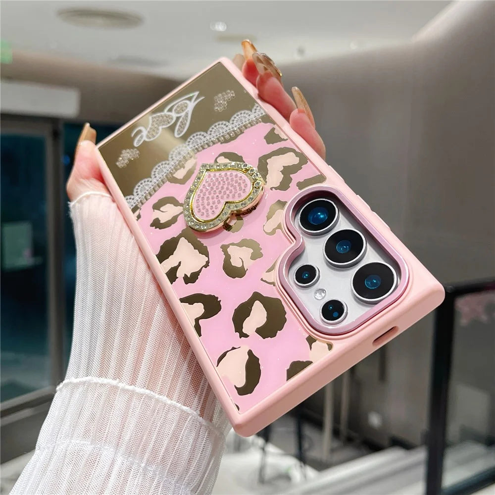 For Samsung Galaxy S25 Ultra Case with Kickstand Heart Pattern Electroplating TPU + PC Phone Cover - Pink - 3