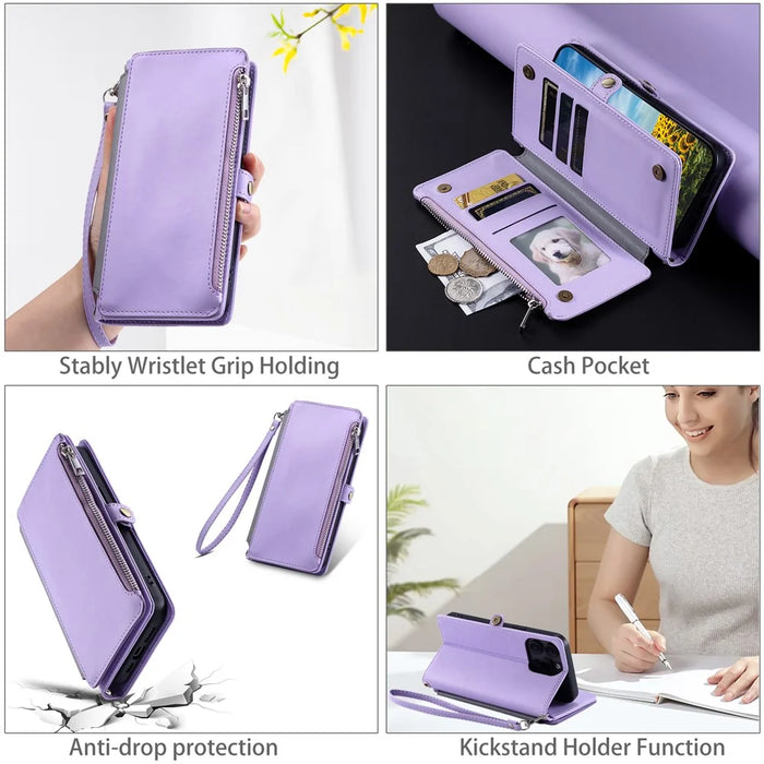 For Google Pixel 10 Pro XL Case TPU + PU Leather Wallet Phone Cover with Wrist Strap - Purple - 7