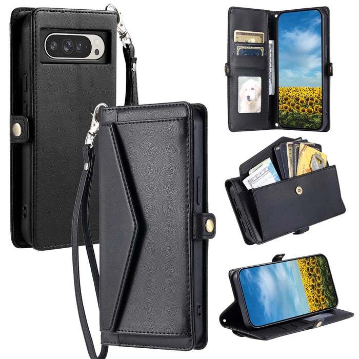 For Google Pixel 10 Pro XL Leather Case with Wrist Strap Wallet Stand Phone Cover - Black - 1