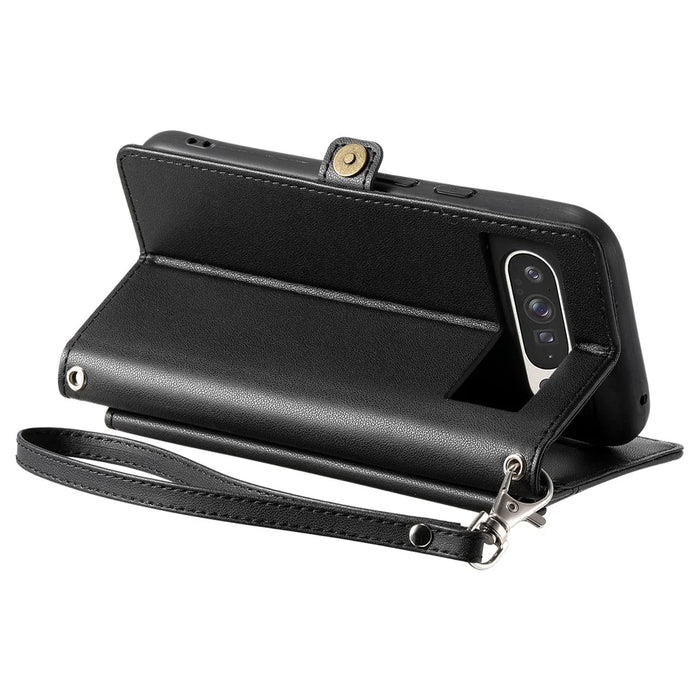 For Google Pixel 10 Pro XL Leather Case with Wrist Strap Wallet Stand Phone Cover - Black - 4