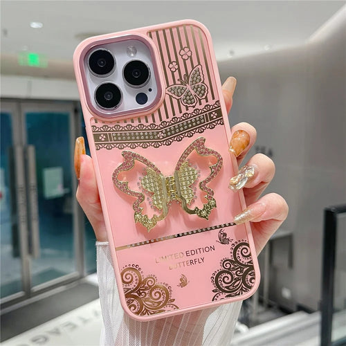 For iPhone 16 Pro Max Case Butterfly Kickstand TPU + PC Phone Back Cover Rhinestone Decor - Pink - 1