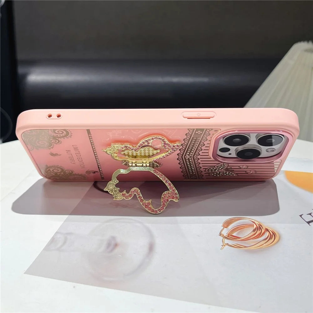 For iPhone 16 Pro Max Case Butterfly Kickstand TPU + PC Phone Back Cover Rhinestone Decor - Pink - 2