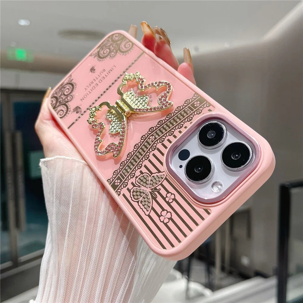 For iPhone 16 Pro Max Case Butterfly Kickstand TPU + PC Phone Back Cover Rhinestone Decor - Pink - 3
