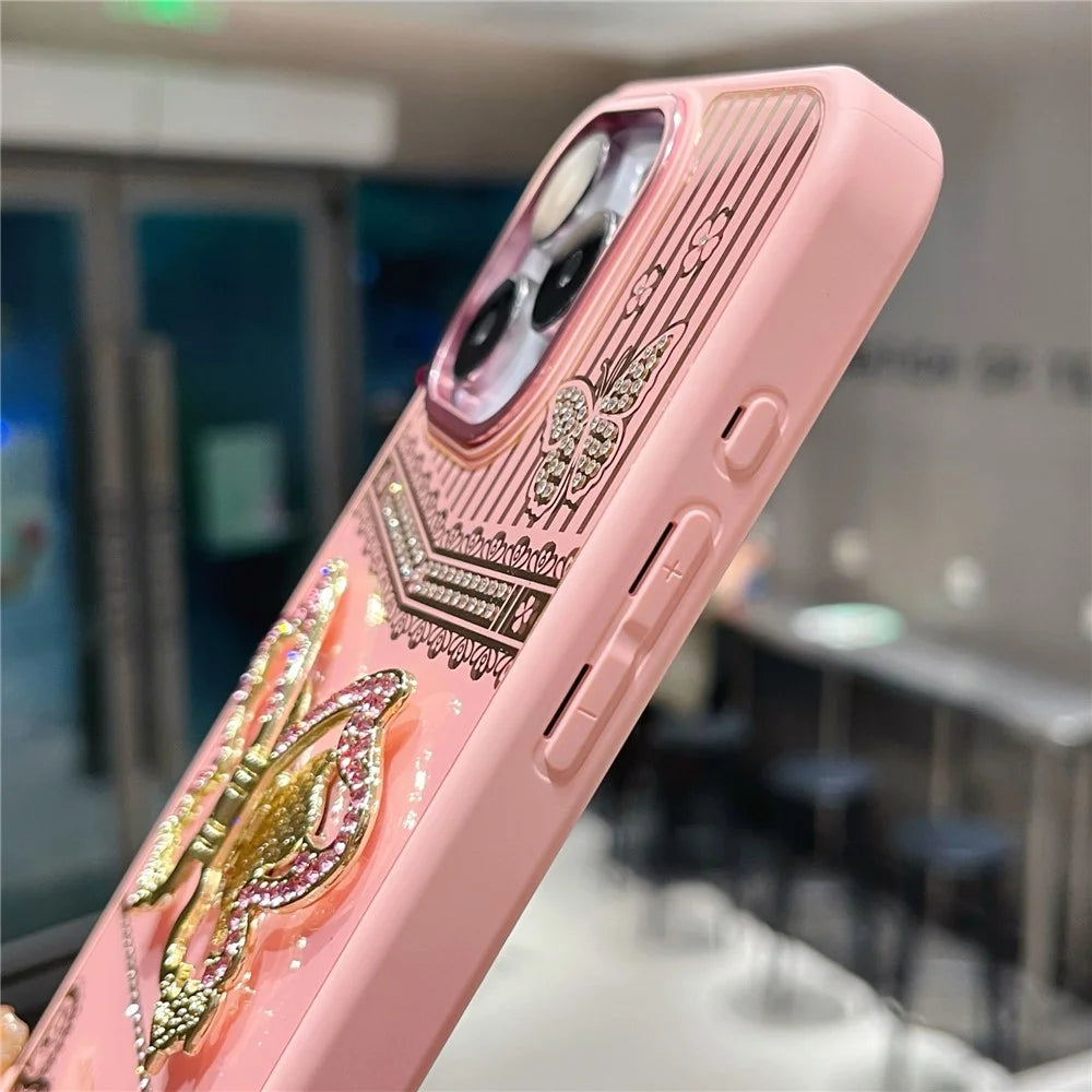 For iPhone 16 Pro Max Case Butterfly Kickstand TPU + PC Phone Back Cover Rhinestone Decor - Pink - 5