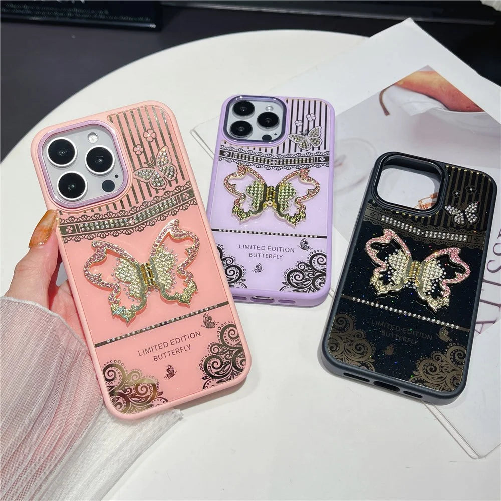 For iPhone 16 Pro Max Case Butterfly Kickstand TPU + PC Phone Back Cover Rhinestone Decor - Pink - 6