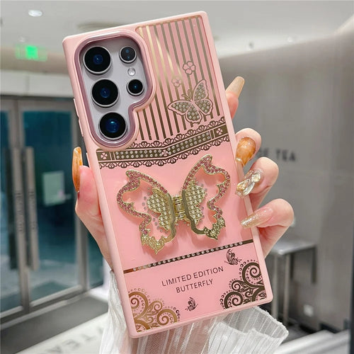 For Samsung Galaxy S25 Ultra Case Butterfly Kickstand TPU + PC Phone Back Cover Rhinestone Decor - Pink - 1