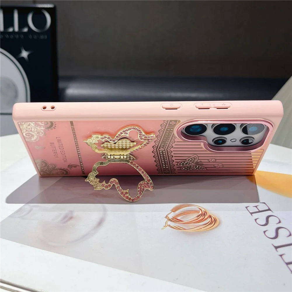For Samsung Galaxy S25 Ultra Case Butterfly Kickstand TPU + PC Phone Back Cover Rhinestone Decor - Pink - 2