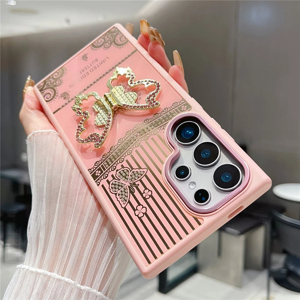 For Samsung Galaxy S25 Ultra Case Butterfly Kickstand TPU + PC Phone Back Cover Rhinestone Decor - Pink - 3