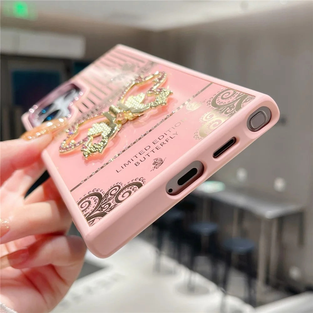 For Samsung Galaxy S25 Ultra Case Butterfly Kickstand TPU + PC Phone Back Cover Rhinestone Decor - Pink - 4