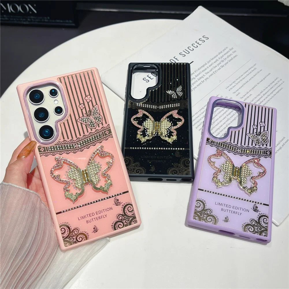 For Samsung Galaxy S25 Ultra Case Butterfly Kickstand TPU + PC Phone Back Cover Rhinestone Decor - Pink - 6