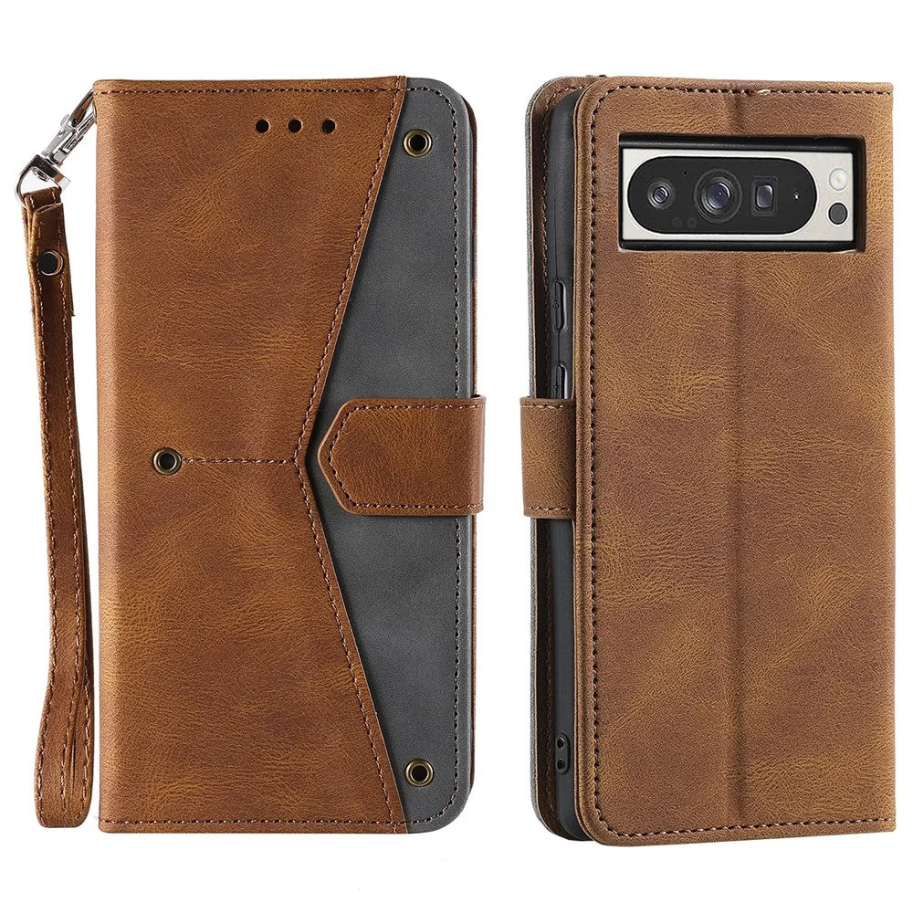 For Google Pixel 10 Pro XL Leather Case Splicing Stitching Wallet Phone Cover with Wrist Strap - Brown - 1