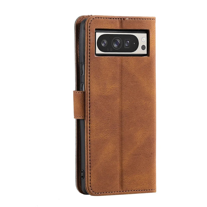 For Google Pixel 10 Pro XL Leather Case Splicing Stitching Wallet Phone Cover with Wrist Strap - Brown - 5