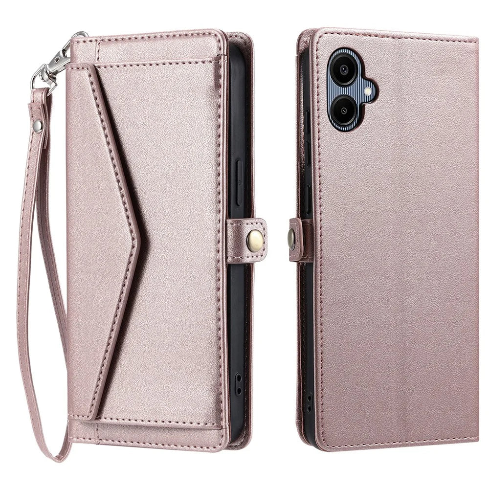 For Samsung Galaxy A06 5G Leather Case with Wrist Strap Wallet Stand Phone Cover - Rose Gold - 1