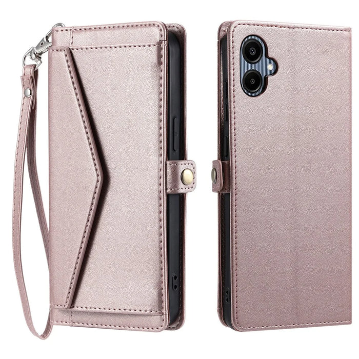 For Samsung Galaxy A06 5G Leather Case with Wrist Strap Wallet Stand Phone Cover - Rose Gold - 1
