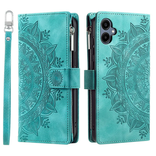 Style 006 For Samsung Galaxy A06 5G Wallet Case PU Leather Phone Cover Mandala Flower Pattern - Mint Green - 1