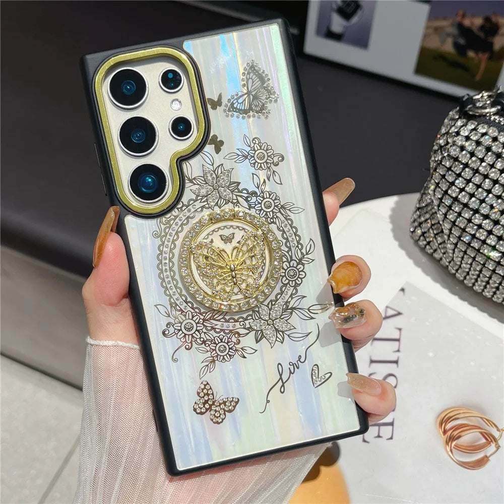 For Samsung Galaxy S25 Ultra Case Aurora Butterfly Pattern TPU + PC Phone Back Cover with Kickstand - White - 1