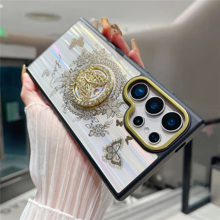 For Samsung Galaxy S25 Ultra Case Aurora Butterfly Pattern TPU + PC Phone Back Cover with Kickstand - White - 3