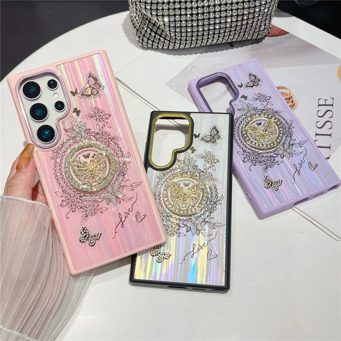 For Samsung Galaxy S25 Ultra Case Aurora Butterfly Pattern TPU + PC Phone Back Cover with Kickstand - White - 6