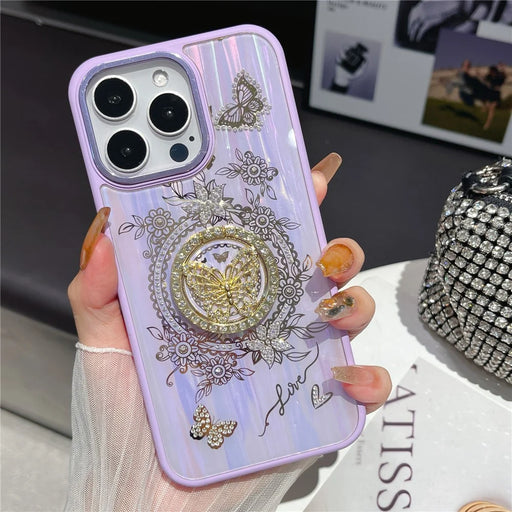 For iPhone 16 Pro Max Case Aurora Butterfly Pattern TPU + PC Phone Back Cover with Kickstand - Purple - 1