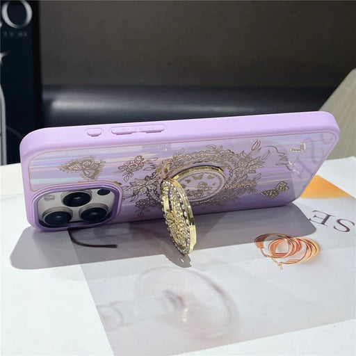 For iPhone 16 Pro Max Case Aurora Butterfly Pattern TPU + PC Phone Back Cover with Kickstand - Purple - 2