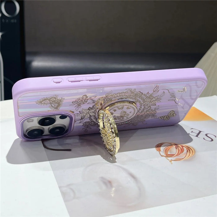For iPhone 16 Pro Max Case Aurora Butterfly Pattern TPU + PC Phone Back Cover with Kickstand - Purple - 2