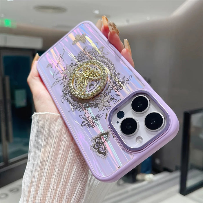 For iPhone 16 Pro Max Case Aurora Butterfly Pattern TPU + PC Phone Back Cover with Kickstand - Purple - 3