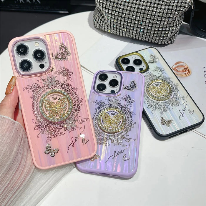 For iPhone 16 Pro Max Case Aurora Butterfly Pattern TPU + PC Phone Back Cover with Kickstand - Purple - 6