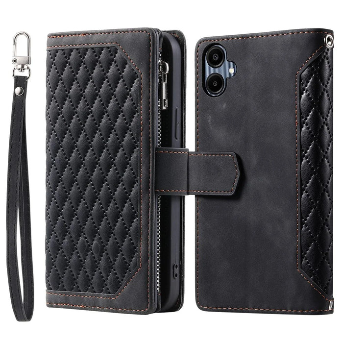 Style 005 For Samsung Galaxy A06 5G Wallet Case Rhombus Stitching Line PU Leather Phone Cover - Black - 1