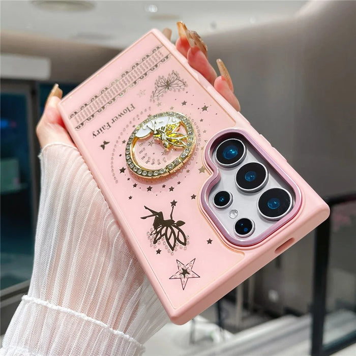 For Samsung Galaxy S25 Ultra Case Flower Fairy Pattern TPU + PC Phone Back Cover with Kickstand - Pink - 3