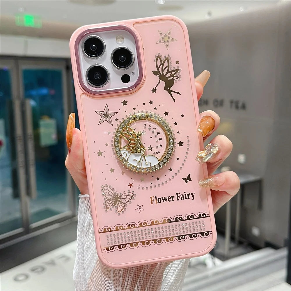For iPhone 16 Pro Max Case Flower Fairy Pattern TPU + PC Phone Back Cover with Kickstand - Pink - 1