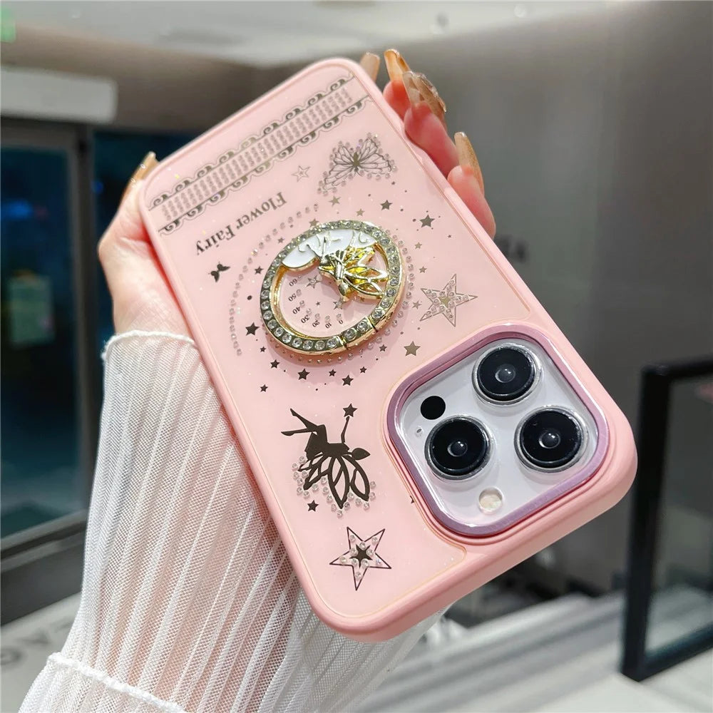 For iPhone 16 Pro Max Case Flower Fairy Pattern TPU + PC Phone Back Cover with Kickstand - Pink - 3