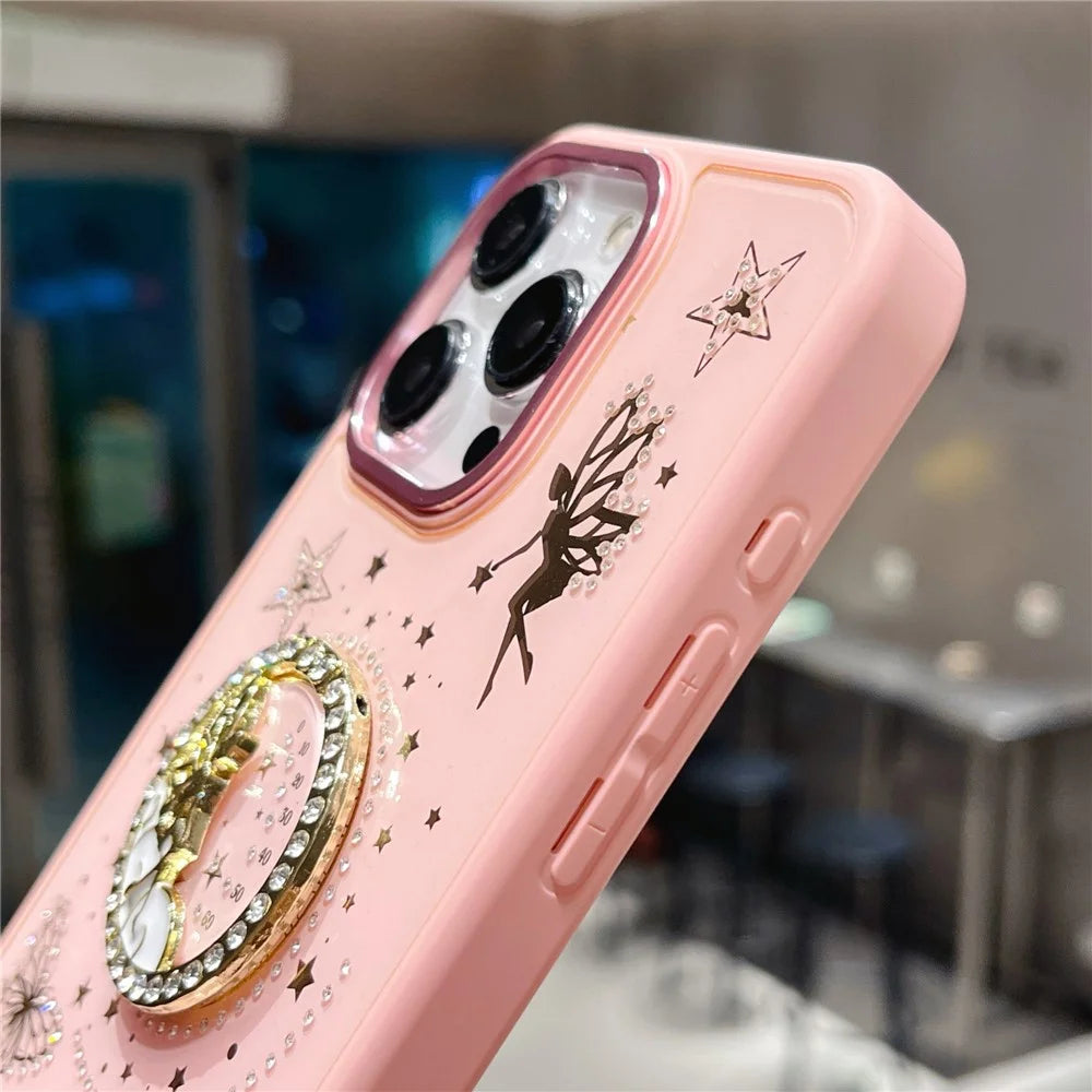 For iPhone 16 Pro Max Case Flower Fairy Pattern TPU + PC Phone Back Cover with Kickstand - Pink - 5