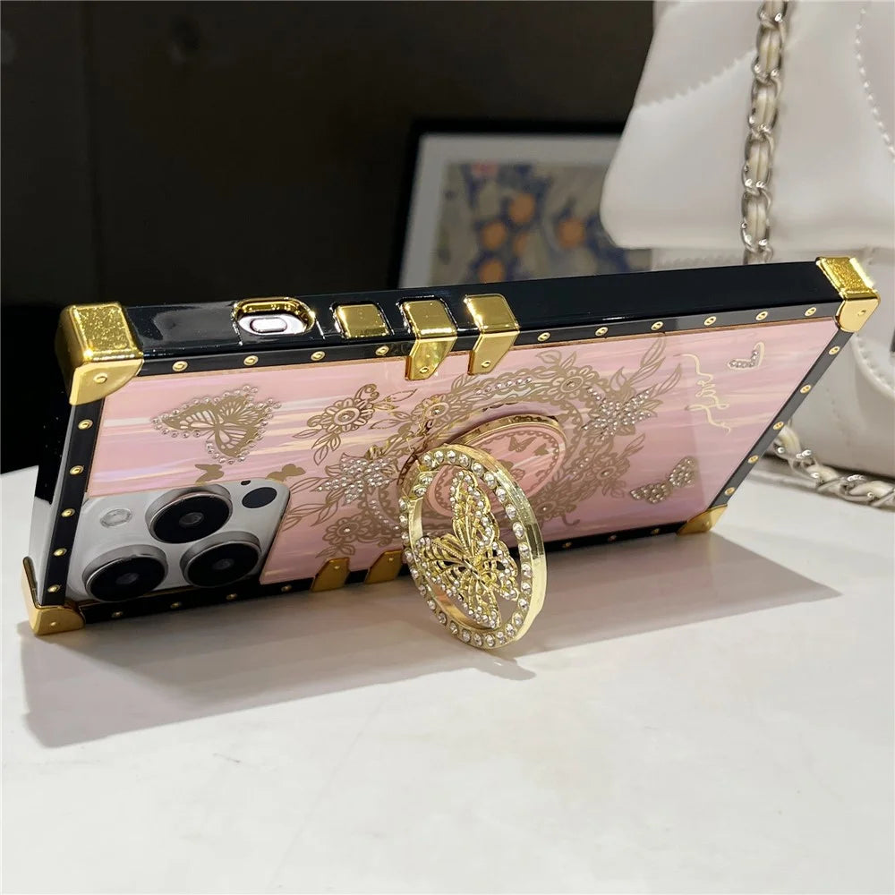 For iPhone 16 Pro Cases Rhinestone Decor Butterfly Pattern TPU + PC Phone Cover - Pink - 2