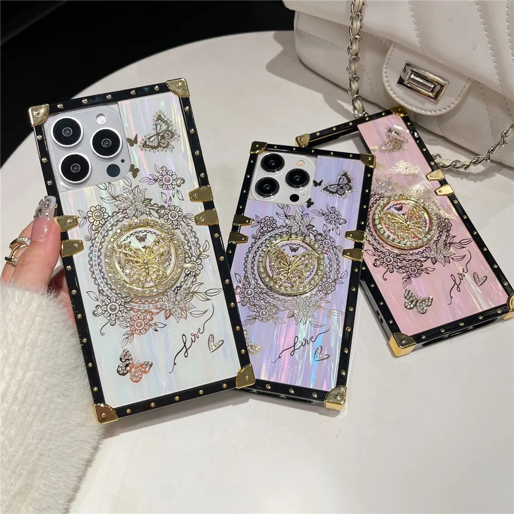 For iPhone 16 Pro Cases Rhinestone Decor Butterfly Pattern TPU + PC Phone Cover - Pink - 7