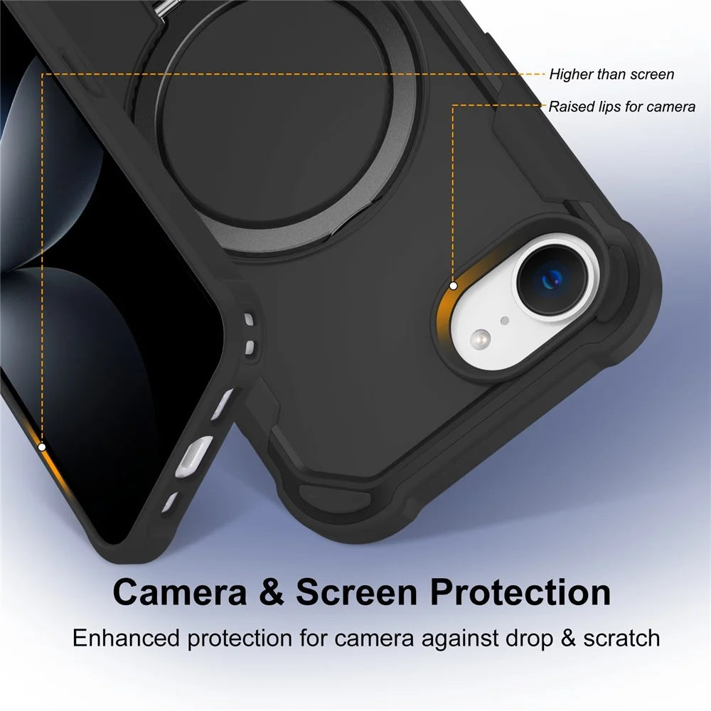 For iPhone 17e / 16e Case Compatible with MagSafe Kickstand TPU + PC Shockproof Phone Back Cover - Black - 3